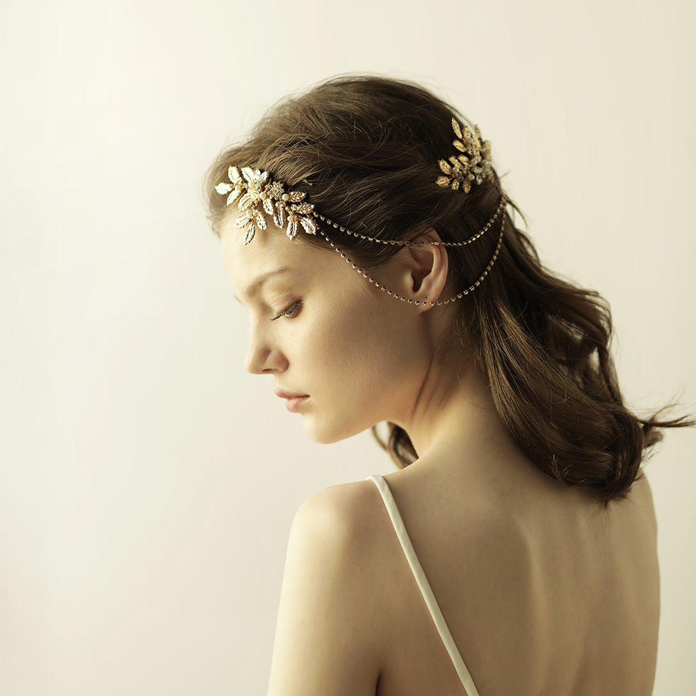 Gold Leaf Bridal Headpiece with Rhinestone - Lya's wedding