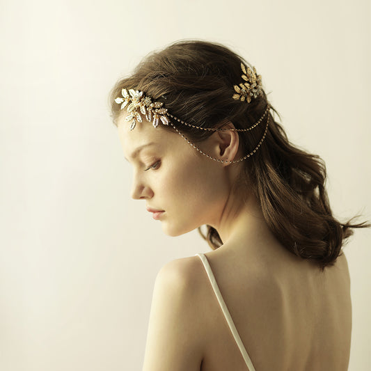 Gold Leaf Bridal Headpiece with Rhinestone - Lya's wedding