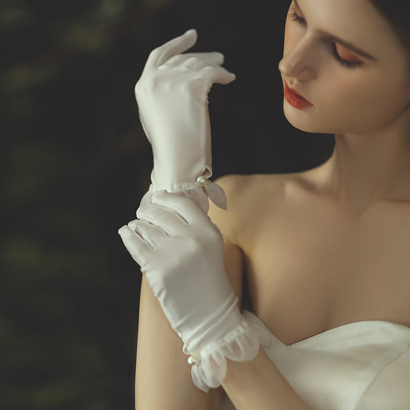 Satin/Tulle Bridal Gloves Lace Edge with Pearl - Lya's wedding