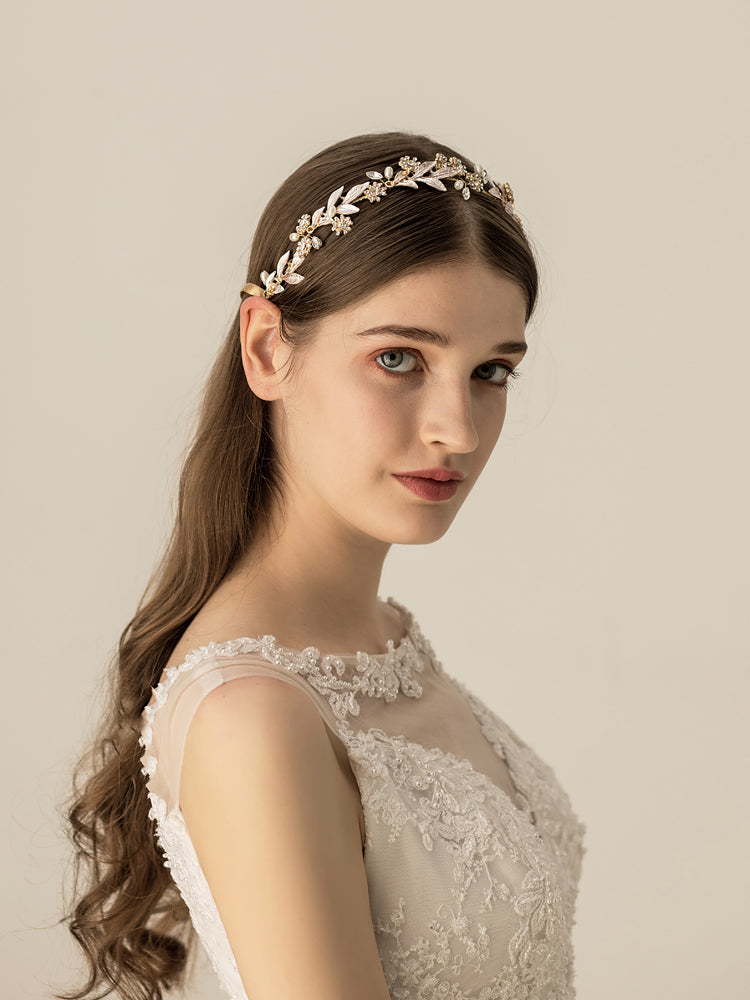 Crystal Leaf Bridal Headpiece Gold Wedding Headband - Lya's wedding