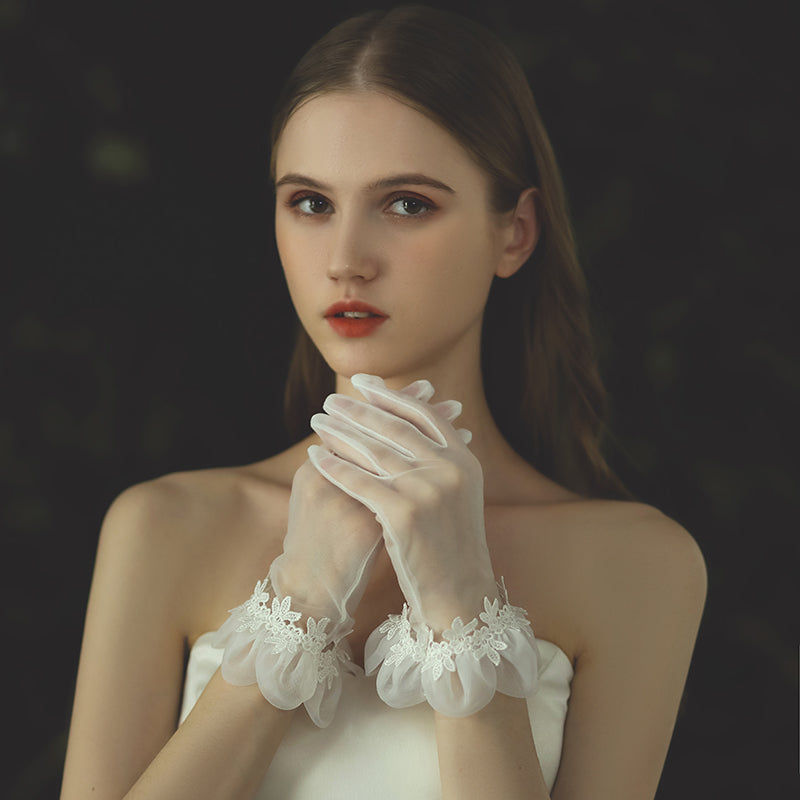 Satin/Tulle Bridal Gloves Lace Edge with Pearl - Lya's wedding