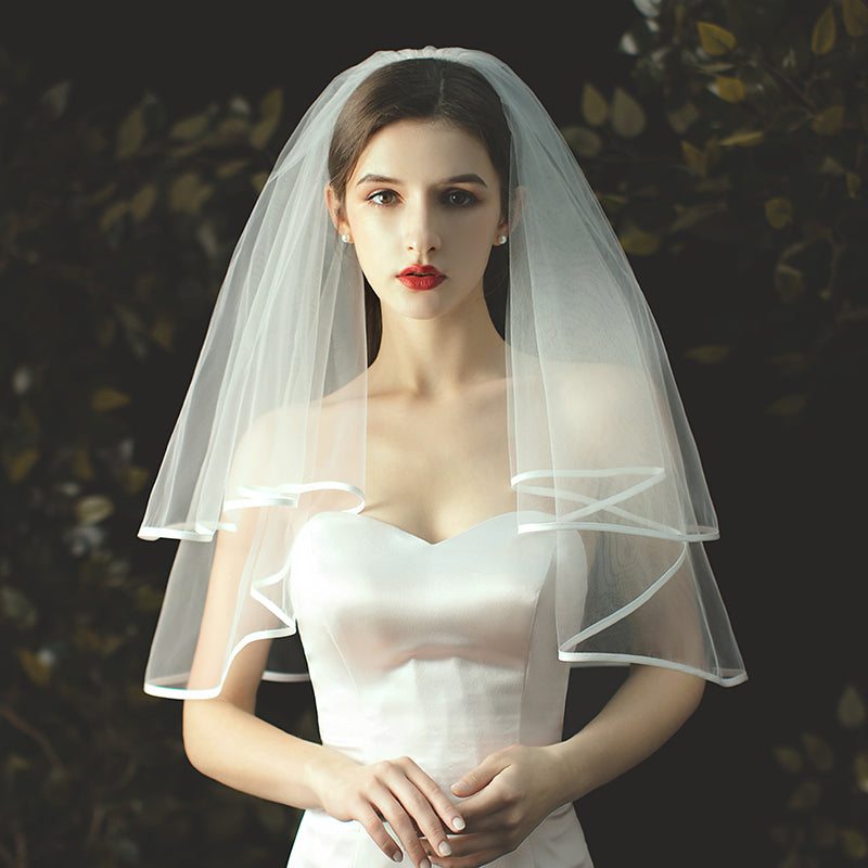 Ribbon Edge 2 Tier Bridal Wedding Veil With Comb - Lya's wedding