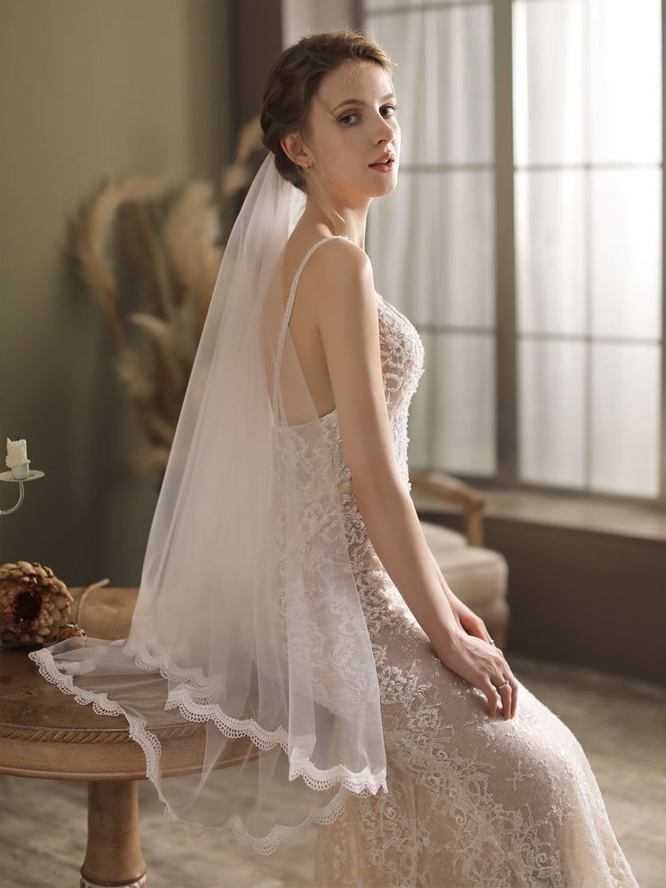 Fingertip 2 Tier Lace Edge Wedding Bridal Veil With Comb - Lya's wedding