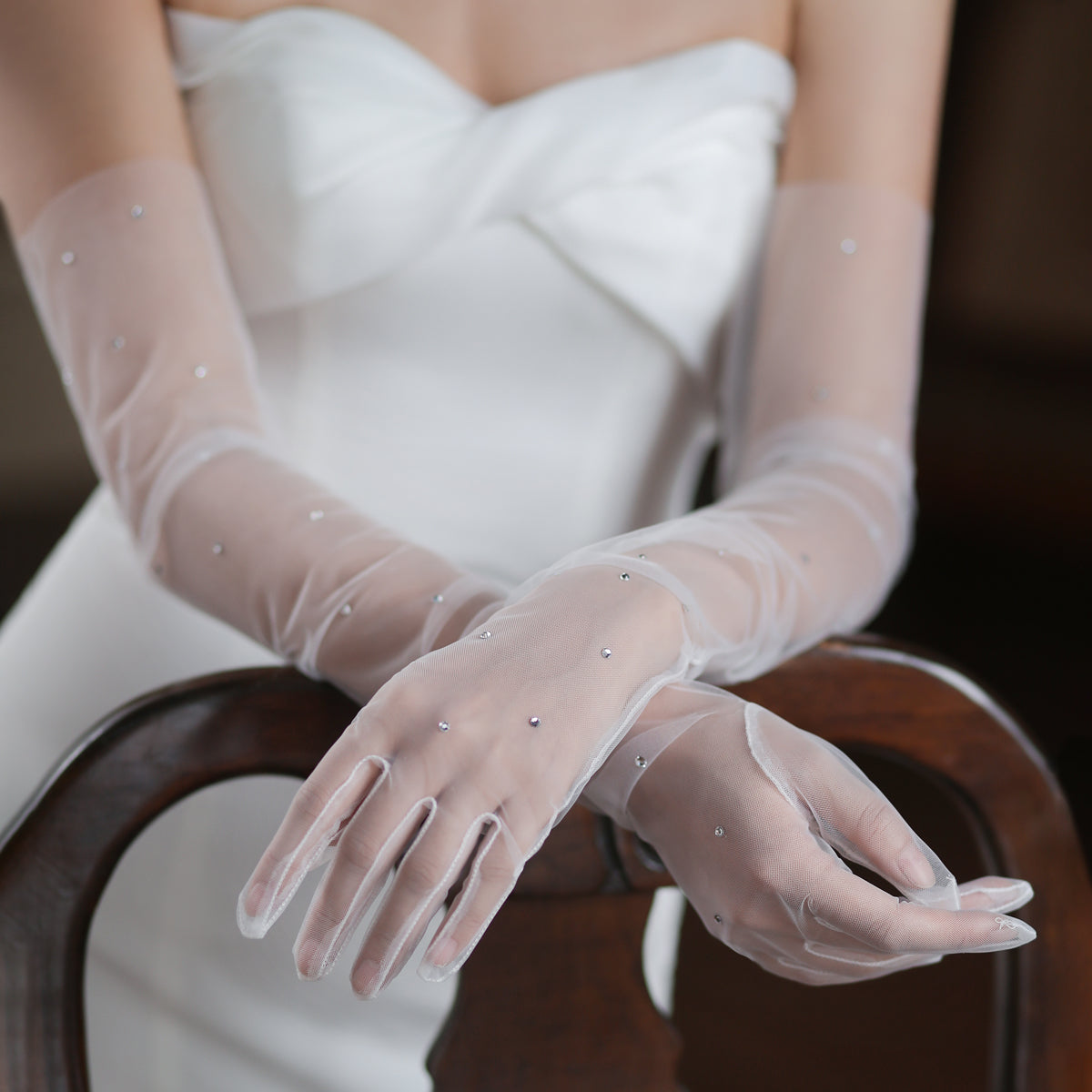 Tulle Bridal Long Gloves with Crystal - Lya's wedding