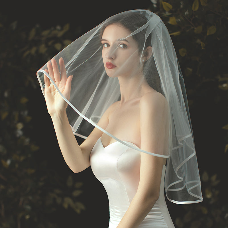 Ribbon Edge 2 Tier Bridal Wedding Veil With Comb - Lya's wedding