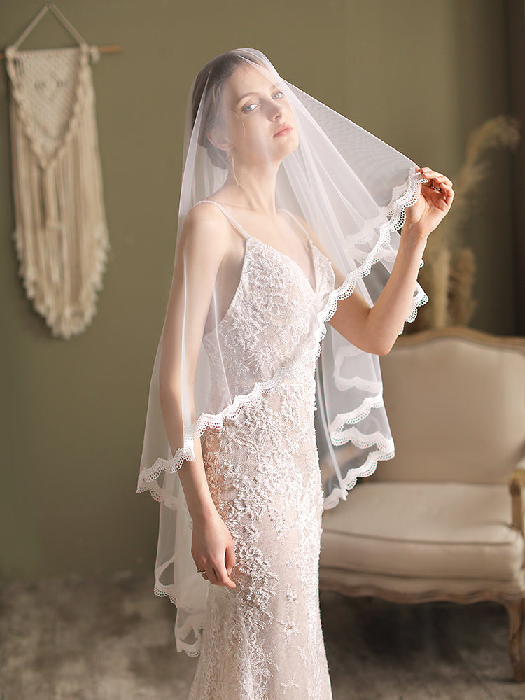 Fingertip 2 Tier Lace Edge Wedding Bridal Veil With Comb - Lya's wedding