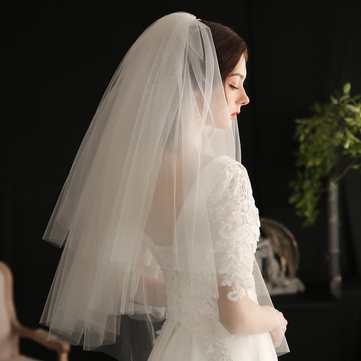 Puffy Multi-Layer Tulle Simple Elbow Wedding Veil with Comb - Lya's wedding