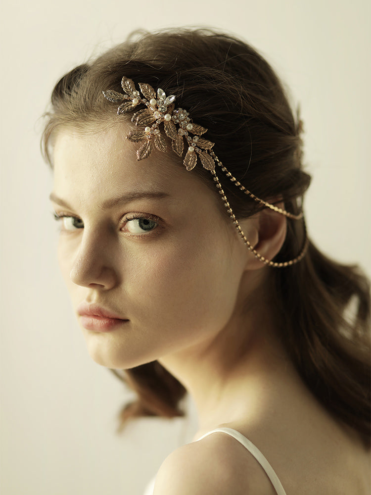 Gold Leaf Bridal Headpiece with Rhinestone - Lya's wedding