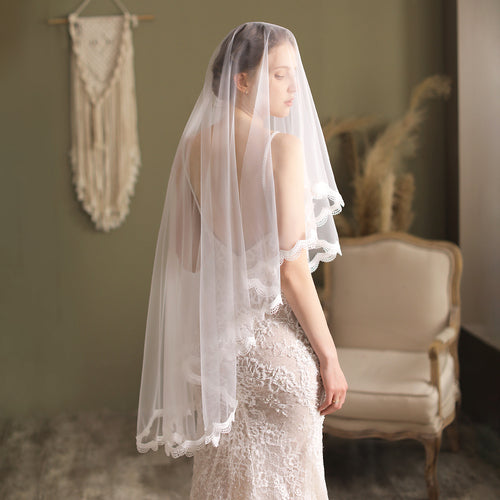 Fingertip 2 Tier Lace Edge Wedding Bridal Veil With Comb - Lya's wedding