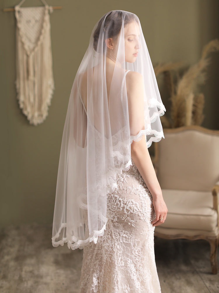 Fingertip 2 Tier Lace Edge Wedding Bridal Veil With Comb - Lya's wedding