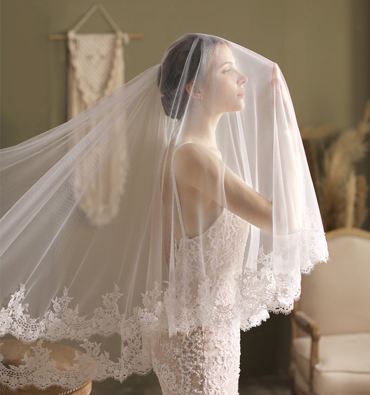 Fingertip 2 Tier Lace Applique Edge Wedding Bridal Veil With Comb - Lya's wedding