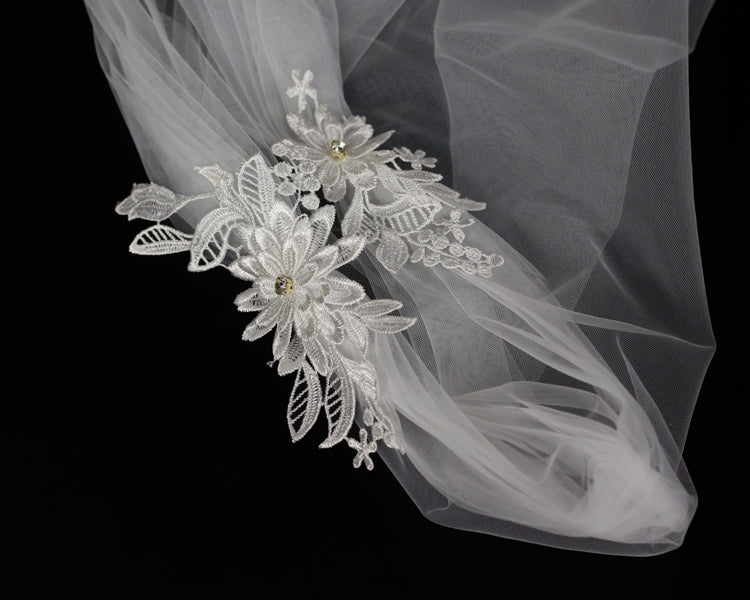 Fingertip 1 Tier Flower Wedding Bridal Veil - Lya's wedding