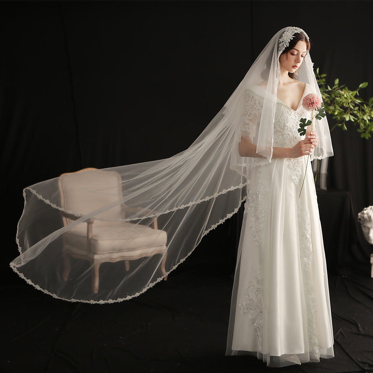 Chapel Lace Applique Edge  Bridal Long  Wedding Veil With Comb - Lya's wedding