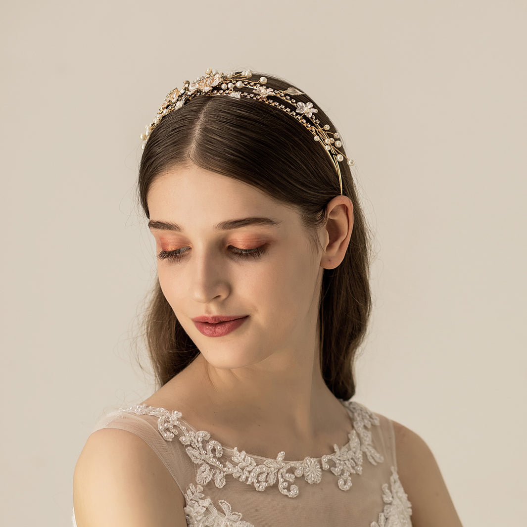 Crystal Flower Bridal Headpiece Gold Wedding Headband with Pearl - Lya's wedding