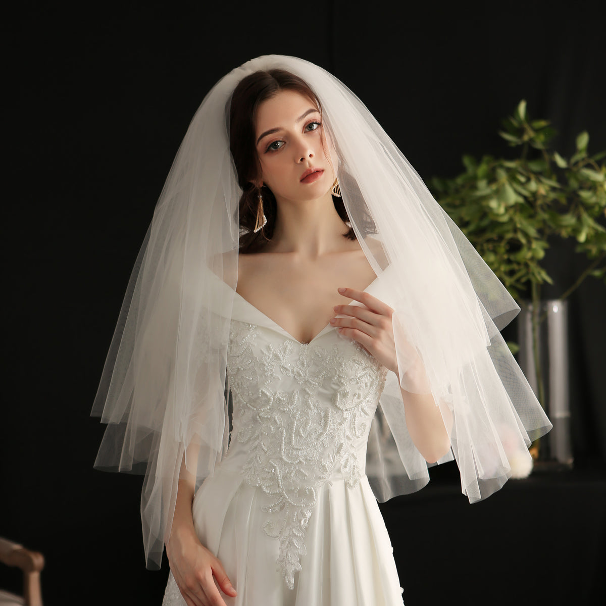 Puffy Multi-Layer Tulle Simple Elbow Wedding Veil with Comb - Lya's wedding