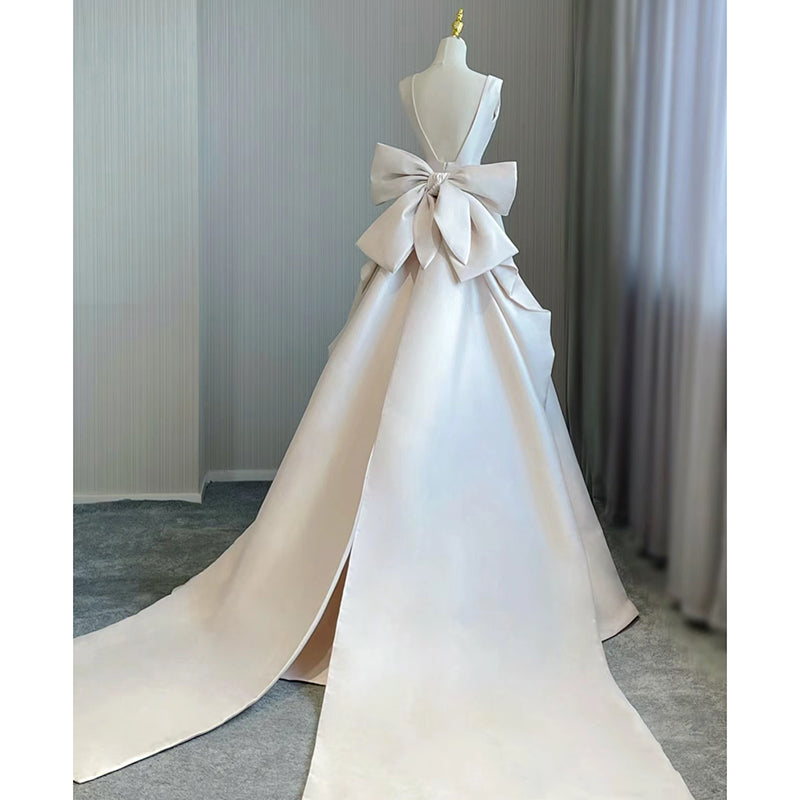 V-Neck Satin Backless Court Train  Wedding Dress - Lya's wedding