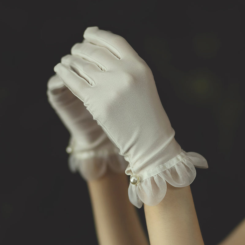 Satin/Tulle Bridal Gloves Lace Edge with Pearl - Lya's wedding