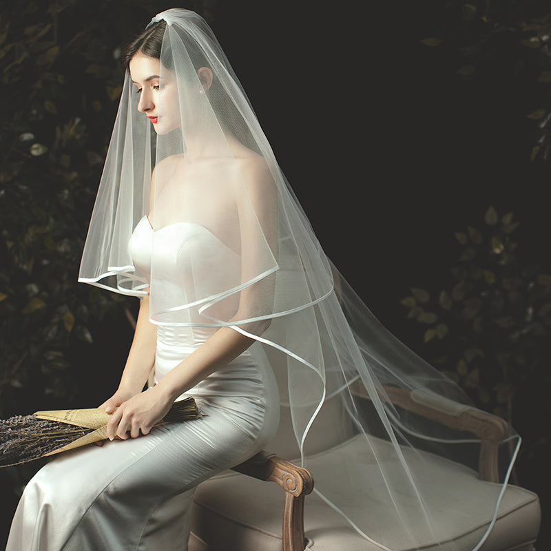 Ribbon Edge 2 Tier Bridal Wedding Veil With Comb - Lya's wedding