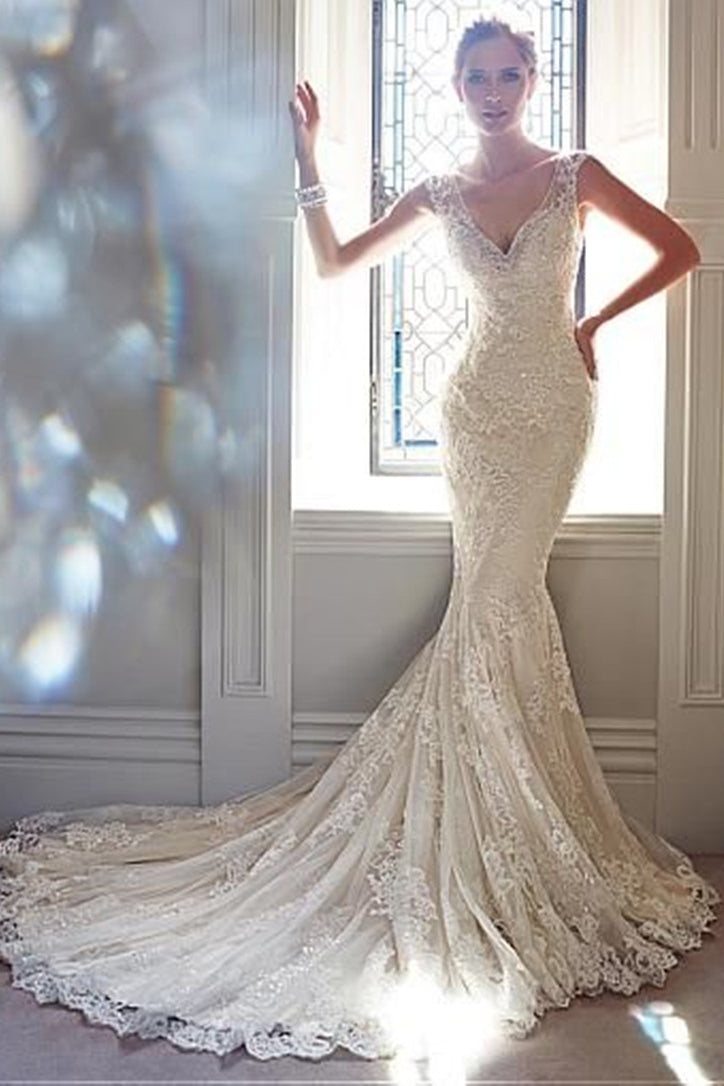 Mermaid Backless V-Neck Lace Chapel Train Wedding Dress - Lya's wedding