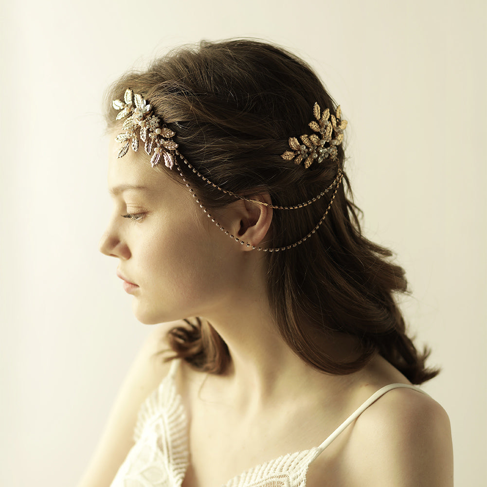 Gold Leaf Bridal Headpiece with Rhinestone - Lya's wedding