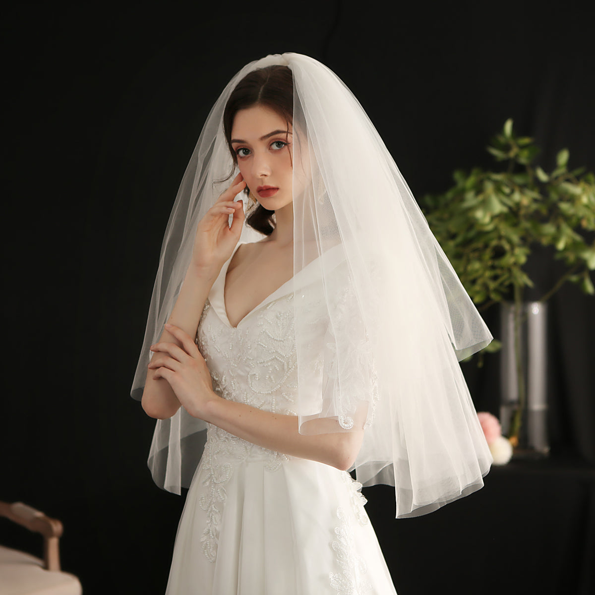 Puffy Multi-Layer Tulle Simple Elbow Wedding Veil with Comb - Lya's wedding