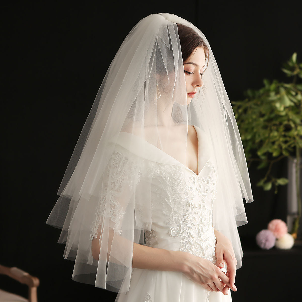 Puffy Multi-Layer Tulle Simple Elbow Wedding Veil with Comb - Lya's wedding