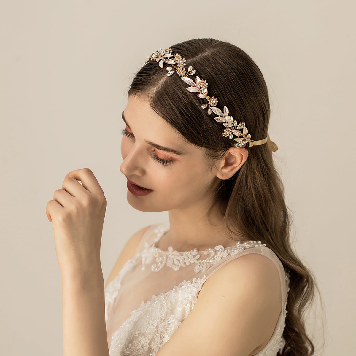 Crystal Leaf Bridal Headpiece Gold Wedding Headband - Lya's wedding