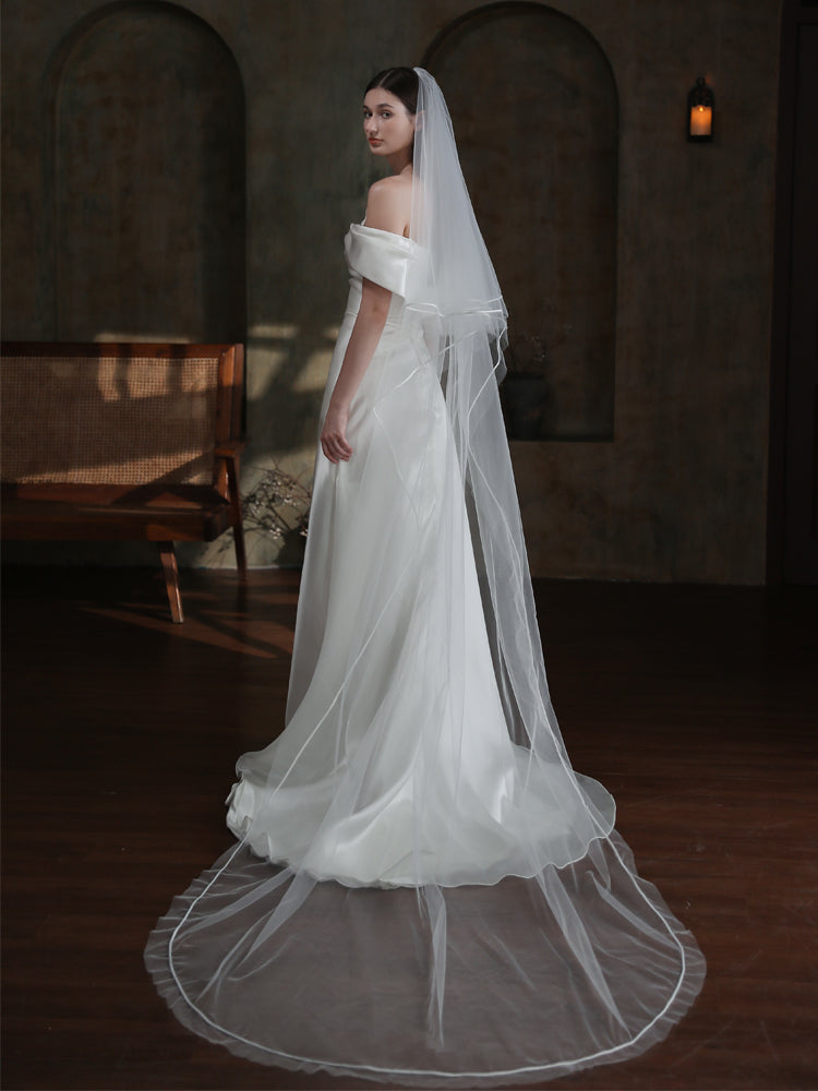 Cathedral 2 Tier Ribbon Edge Wedding Bridal Veil With Comb - Lya's wedding