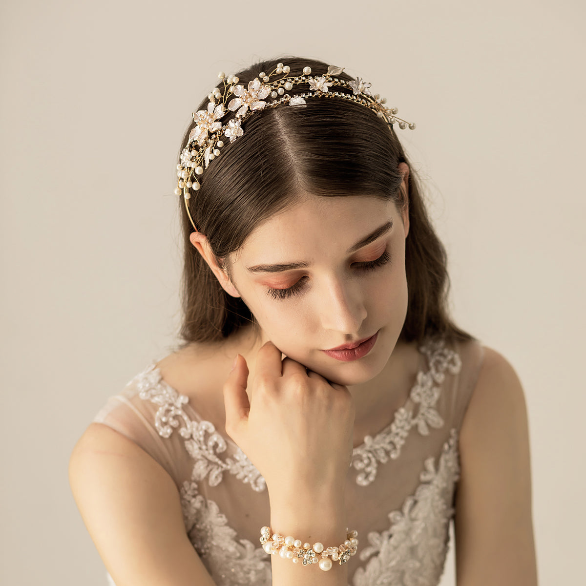 Crystal Flower Bridal Headpiece Gold Wedding Headband with Pearl - Lya's wedding