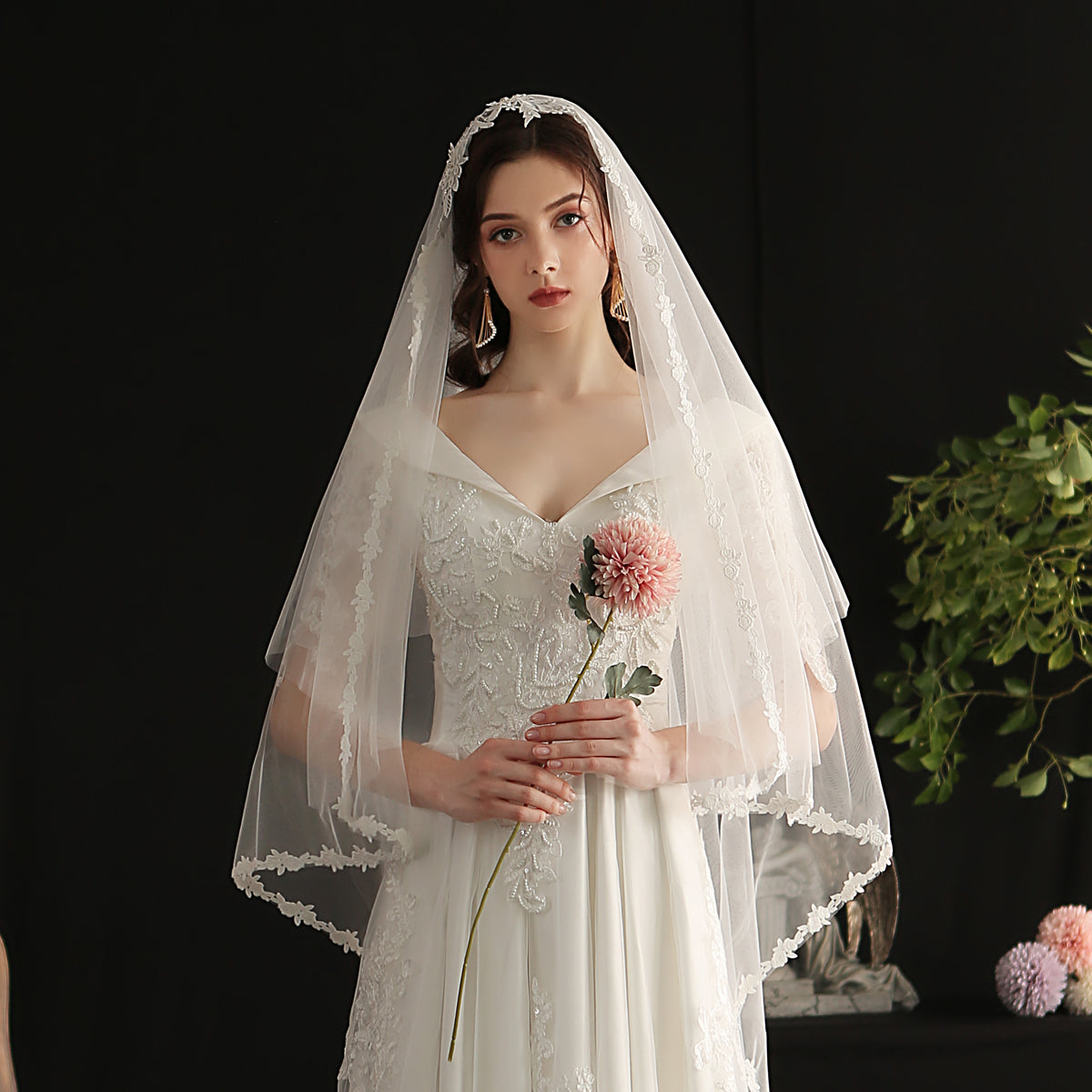 Chapel Lace Applique Edge  Bridal Long  Wedding Veil With Comb - Lya's wedding