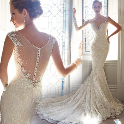 Mermaid Backless V-Neck Lace Chapel Train Wedding Dress - Lya's wedding