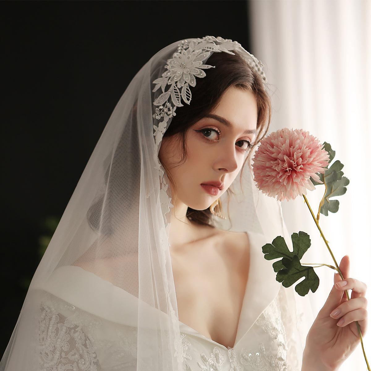 Chapel Lace Applique Edge  Bridal Long  Wedding Veil With Comb - Lya's wedding