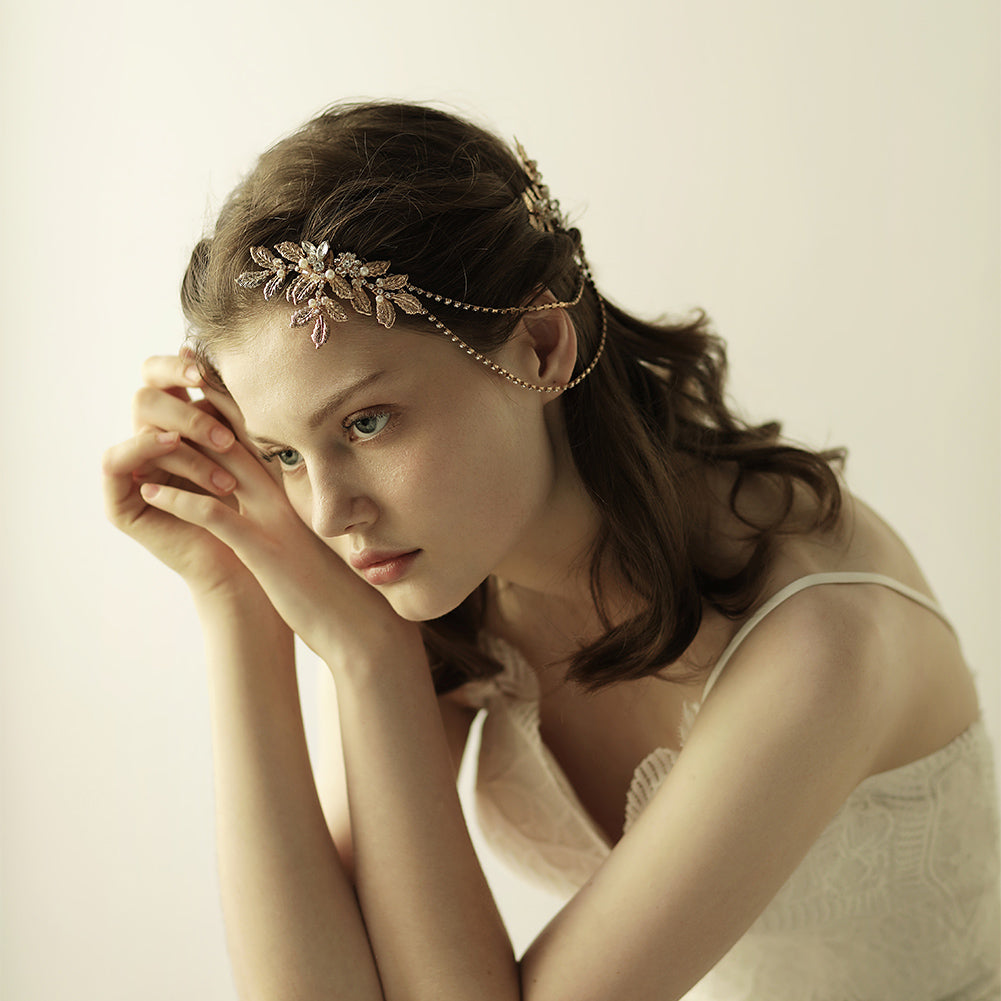 Gold Leaf Bridal Headpiece with Rhinestone - Lya's wedding