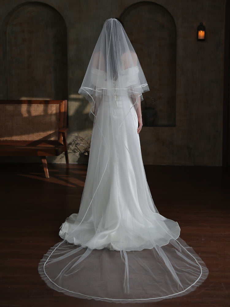 Cathedral 2 Tier Ribbon Edge Wedding Bridal Veil With Comb - Lya's wedding