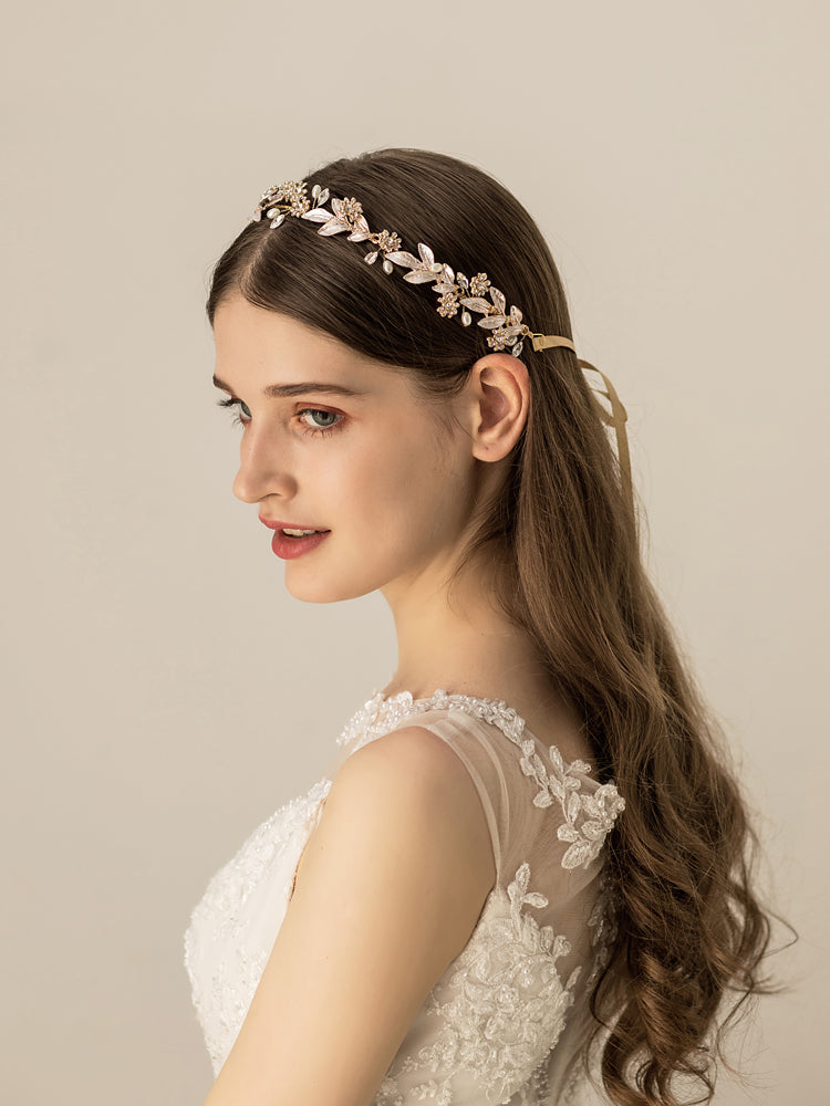 Crystal Leaf Bridal Headpiece Gold Wedding Headband - Lya's wedding