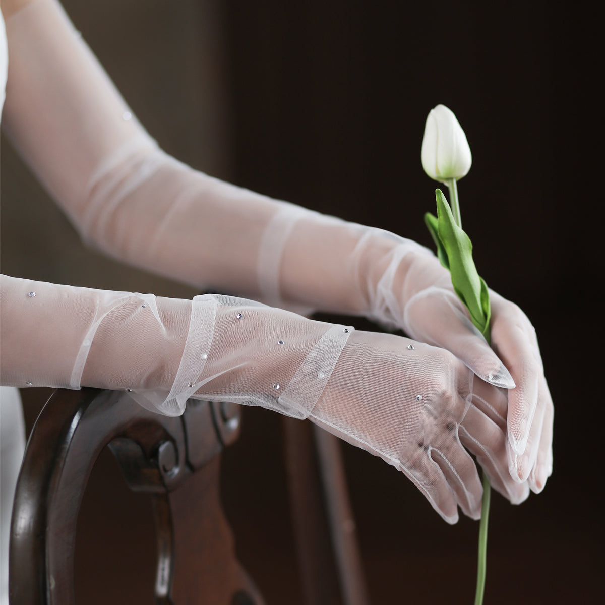 Tulle Bridal Long Gloves with Crystal - Lya's wedding