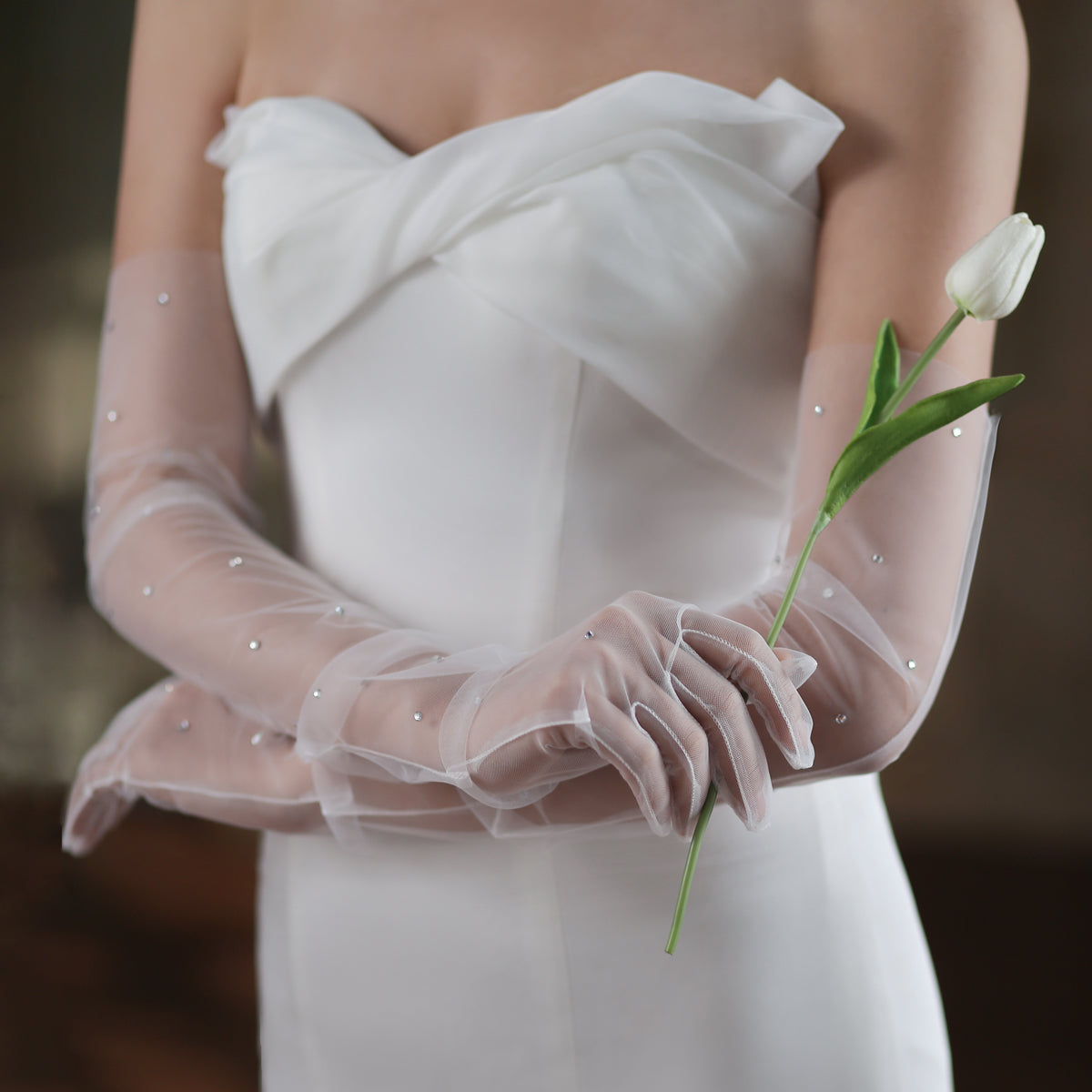 Tulle Bridal Long Gloves with Crystal - Lya's wedding