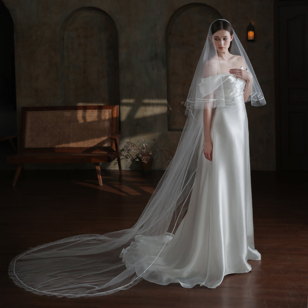 Cathedral 2 Tier Ribbon Edge Wedding Bridal Veil With Comb - Lya's wedding