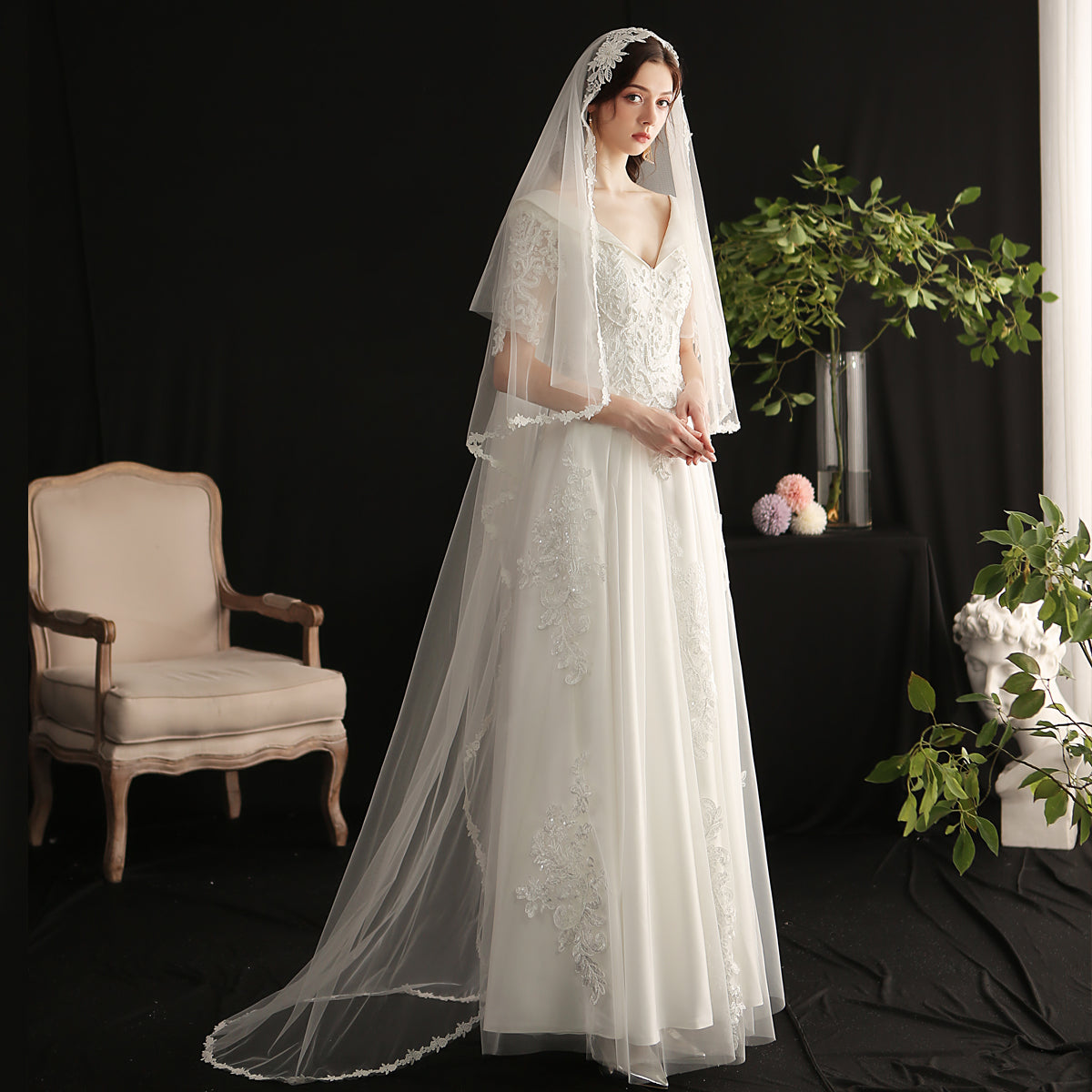 Chapel Lace Applique Edge  Bridal Long  Wedding Veil With Comb - Lya's wedding