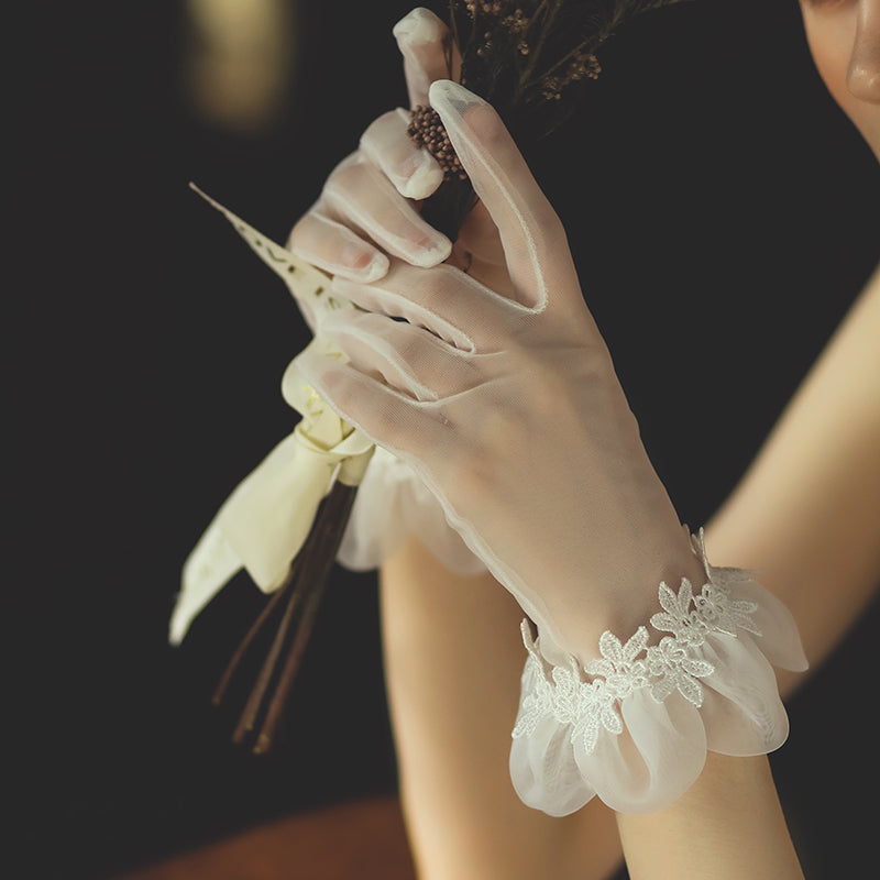 Satin/Tulle Bridal Gloves Lace Edge with Pearl - Lya's wedding