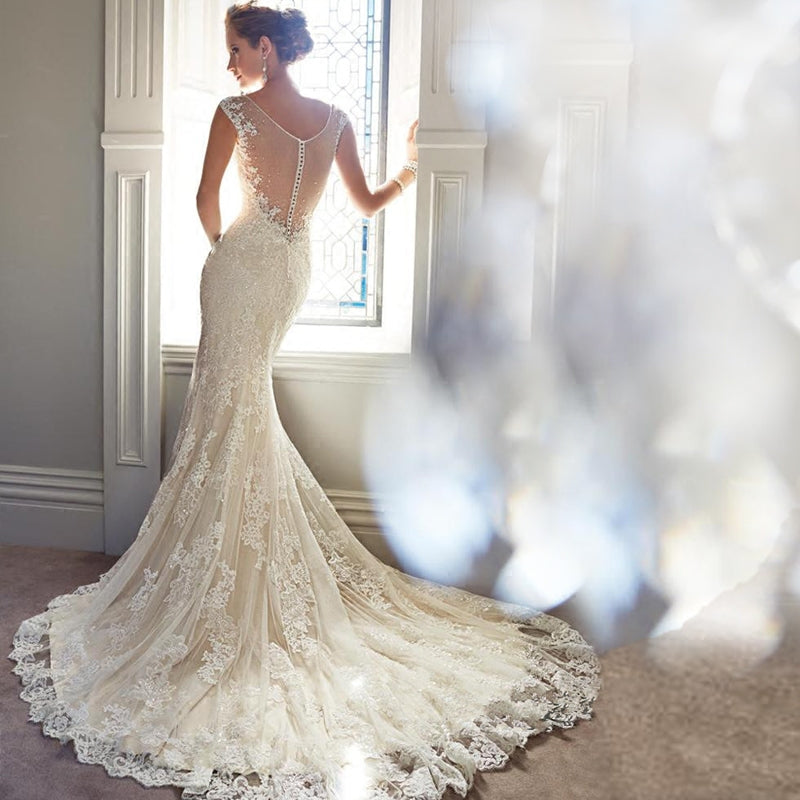 Mermaid Backless V-Neck Lace Chapel Train Wedding Dress - Lya's wedding