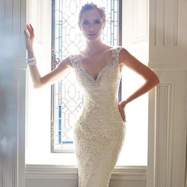 Mermaid Backless V-Neck Lace Chapel Train Wedding Dress - Lya's wedding