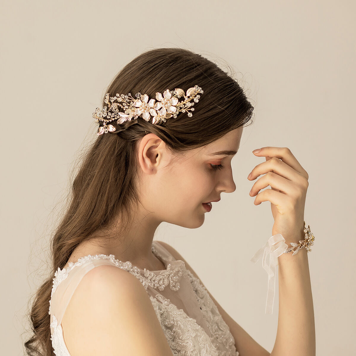 Flower Bridal Headpiece Gold with Comb - Lya's wedding