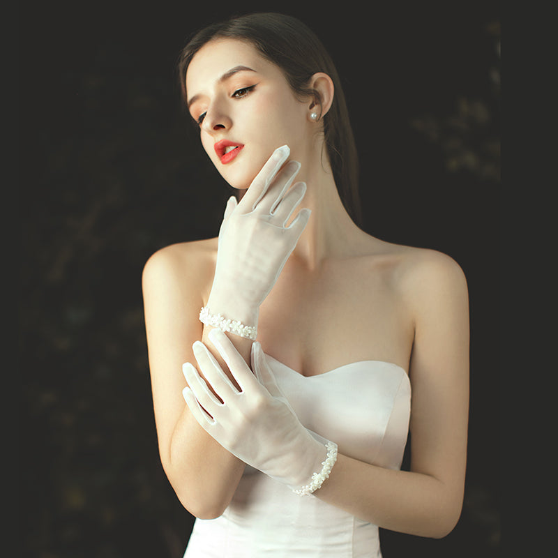 Satin/Tulle Gloves with Pearl - Lya's wedding